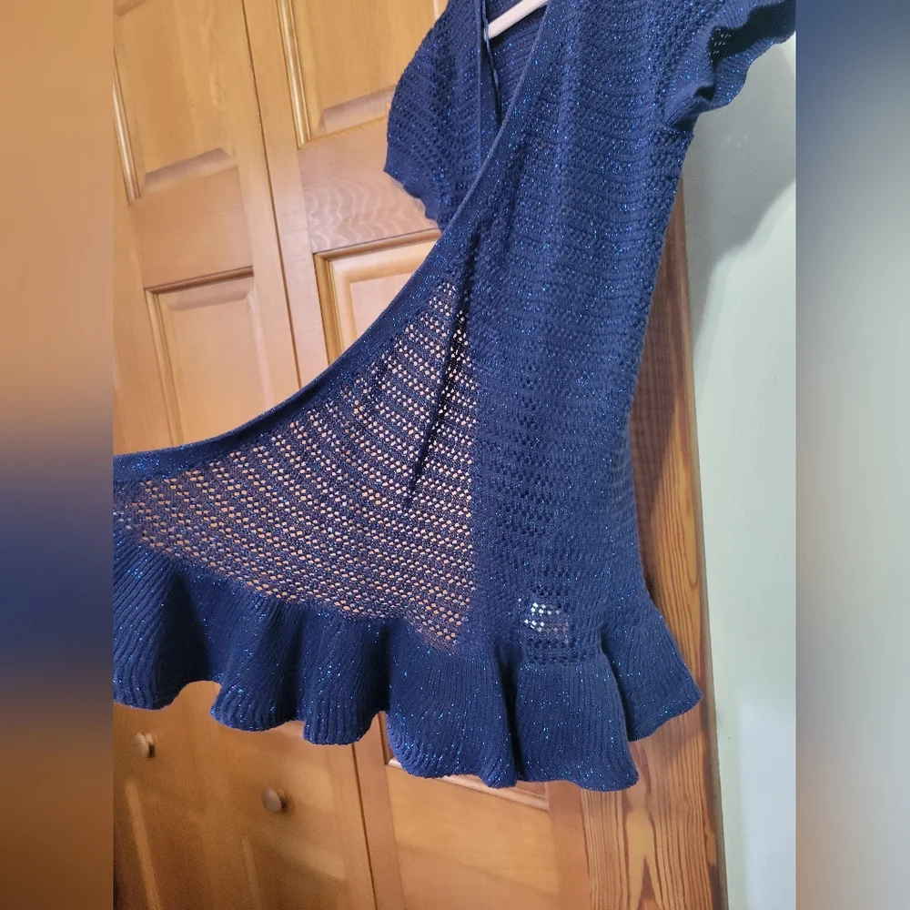 NWOT Girls Justice Navy Short-Sleeve Open Front Cardigan Sweater Ruffle Hem 8